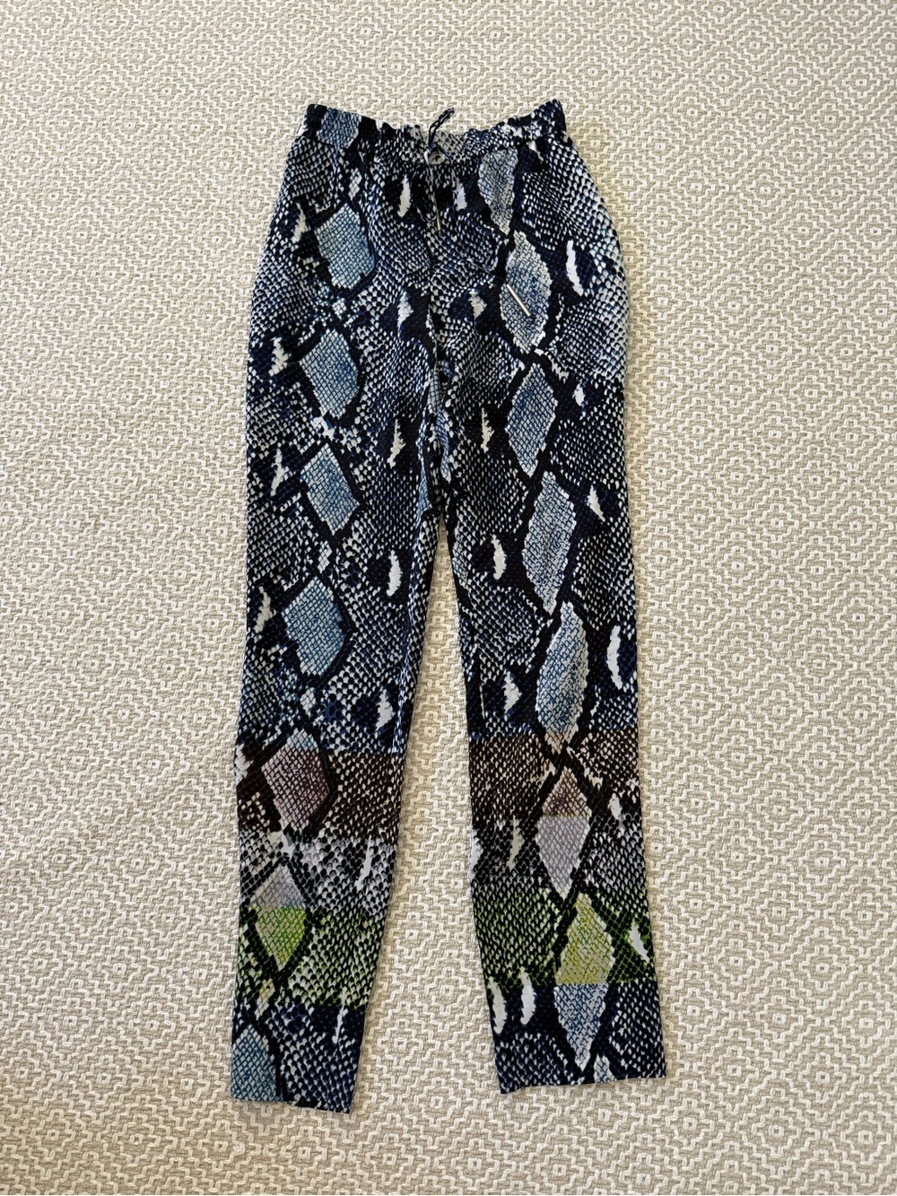 Snake Print silk jogger Drawstring Pants - Multi Blue/Green